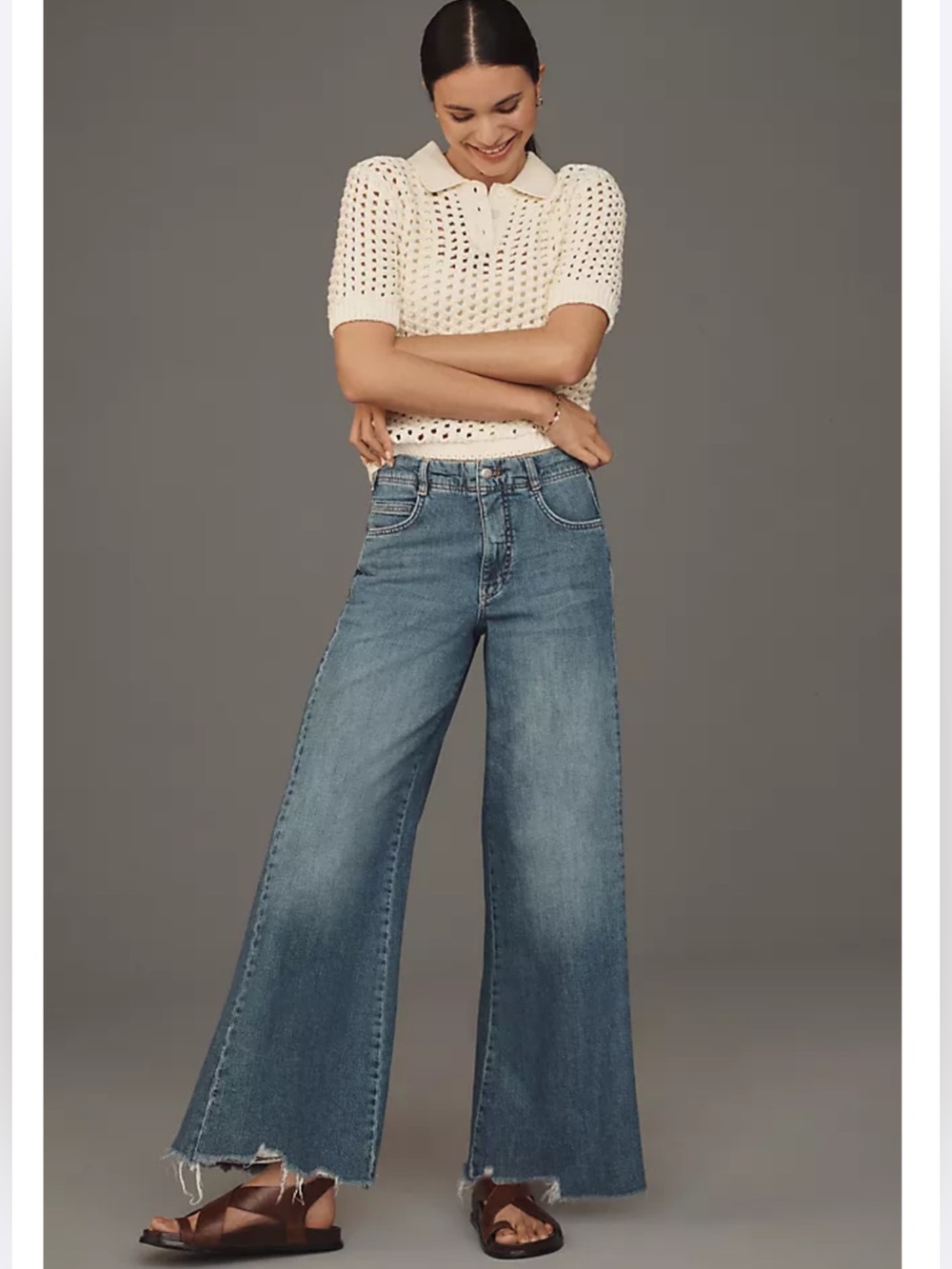 Pilcro Adi Regenerative Cotton Mid Rise Flare Wide Leg Jeans Raw Hem 30